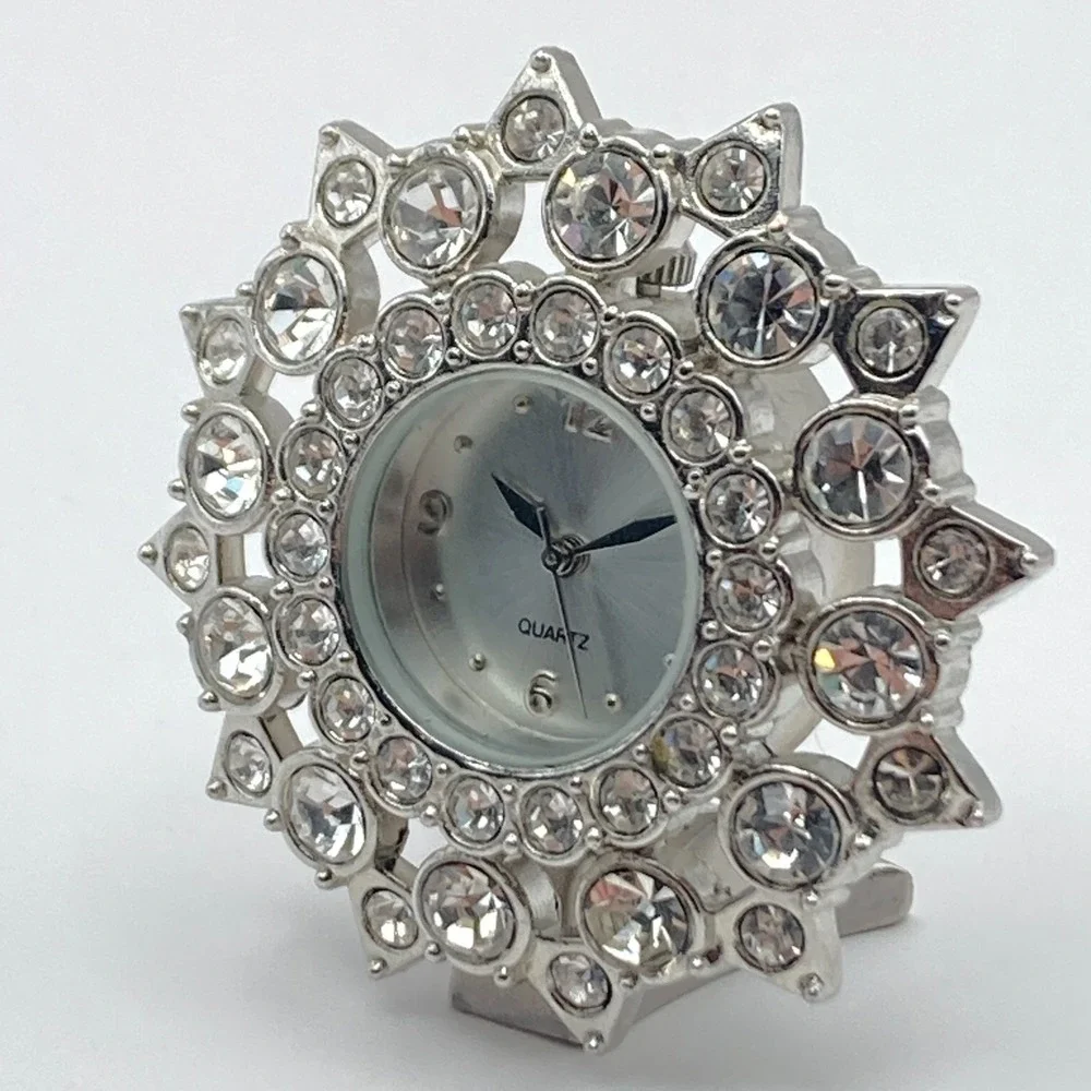 Modern Desk Clock Silver Tone Crystals Bling Rhinestone New Battery Works!!